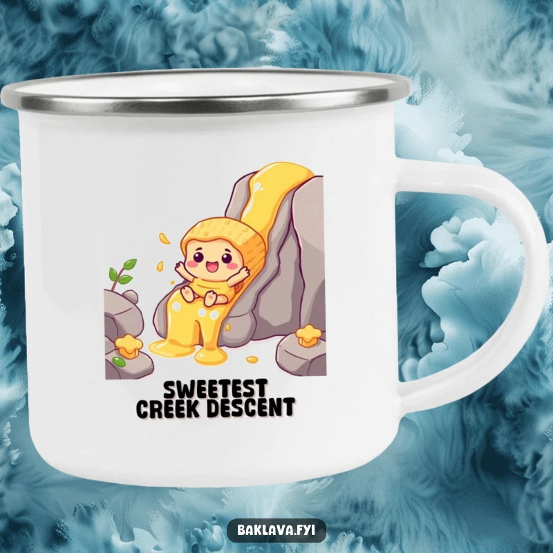 Funny baklava character sliding down a honey waterfall, a humorous and durable camping mug.