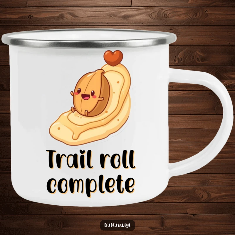 Funny camping mug with a nut character rolling down a flaky pastry hill, perfect for outdoor enjoyment and sweet, humorous sips.