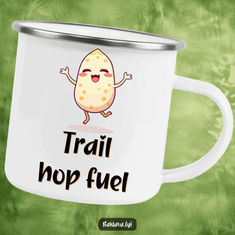 Funny camping mug featuring a cheerful sesame seed in an energetic hop, perfect for outdoor adventures and morning coffee. Sturdy and humorous drinkware.