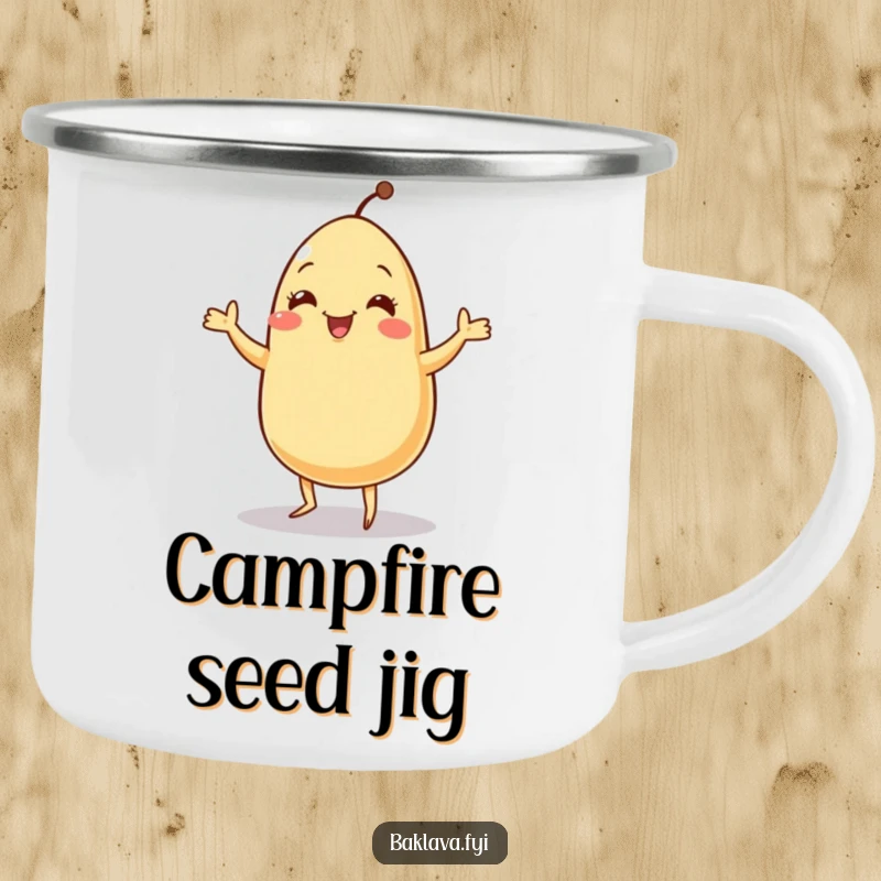 Funny jolly sesame seed doing a tiny jig on a sturdy camping mug, perfect for adding humor to outdoor activities.