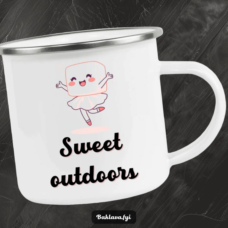 Funny sugar cube camping mug with a delighted cube performing a ballet pirouette, ideal for outdoor enthusiasts who love sweets and humor.