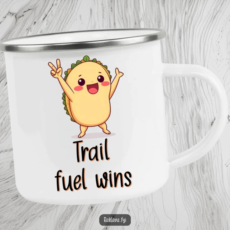Funny taco victory dance camping mug featuring a playful taco celebrating, ideal for outdoor enjoyment.