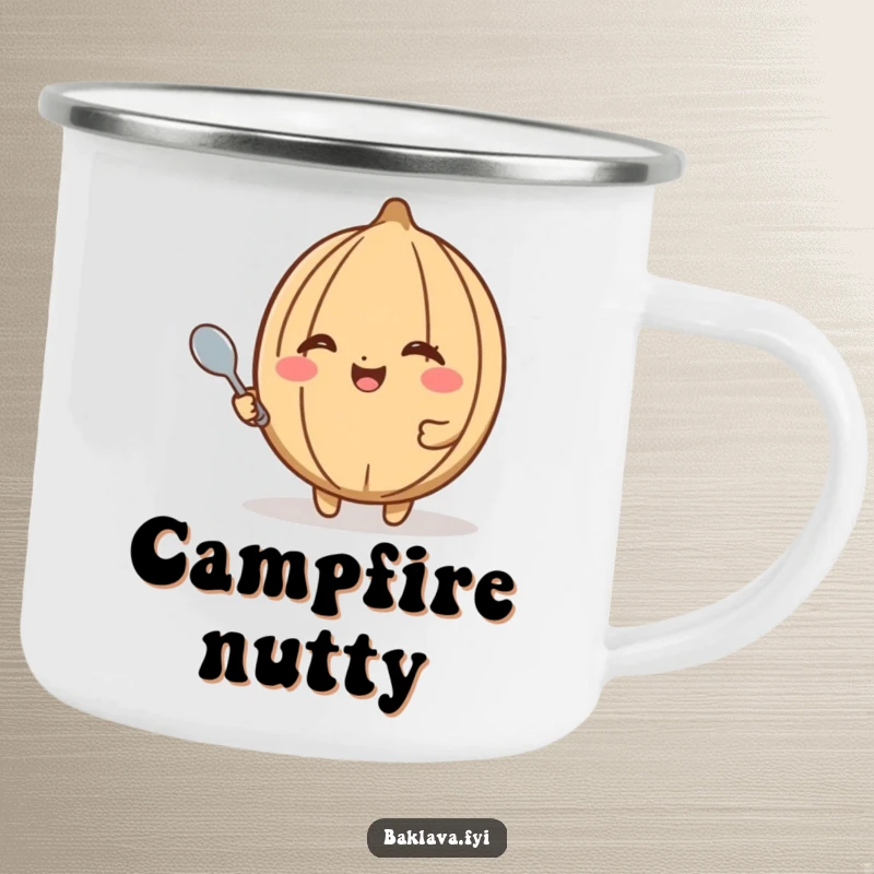 Funny walnut camping mug with a happy walnut winking and holding a tiny spoon, ideal for outdoor enthusiasts who love snacks and humor.