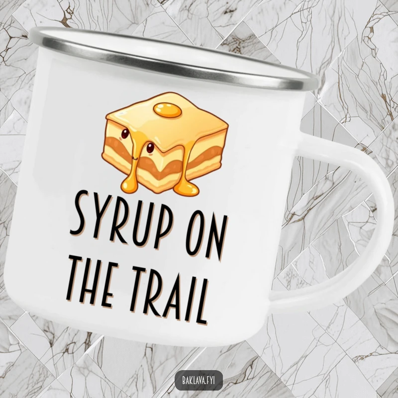 Funny wiggling baklava slice with syrup dripping on a durable camping mug, ideal for enjoying beverages with saucy, humorous flair.