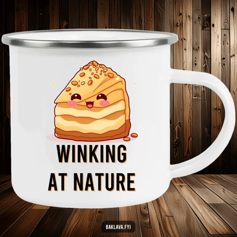Funny baklava slice winking with nuts, a sweet and durable funny camping mug.