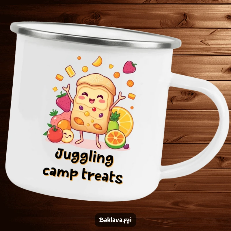 Funny baklava camping mug with a cheerful character juggling candied fruits, ready for any outdoor escapade.