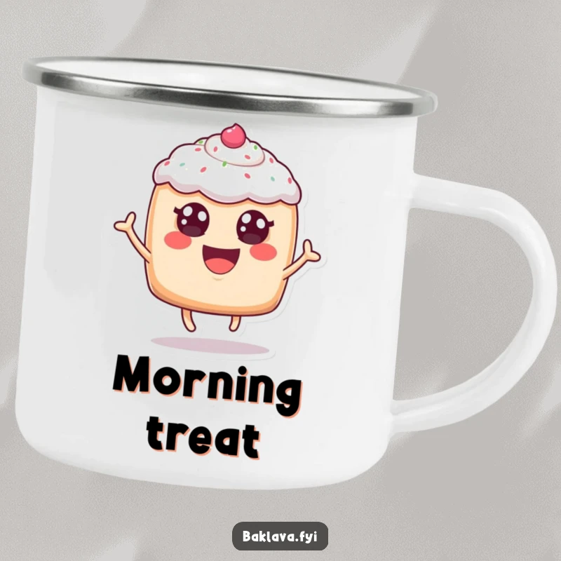 Funny, cheerful anthropomorphic pastry with frosting eyes leaping joyfully, on a rugged camping mug, perfect for outdoor enjoyment with humor.