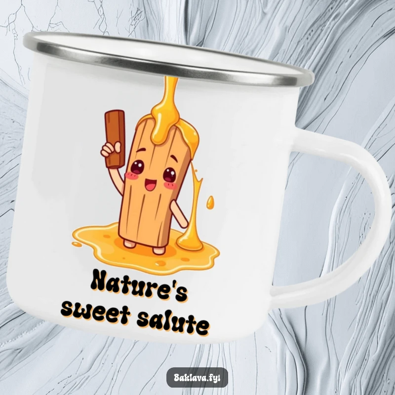 Funny camping mug with a cinnamon stick character comically saluting a giant honey drizzle, designed for outdoor enjoyment and sweet humor.