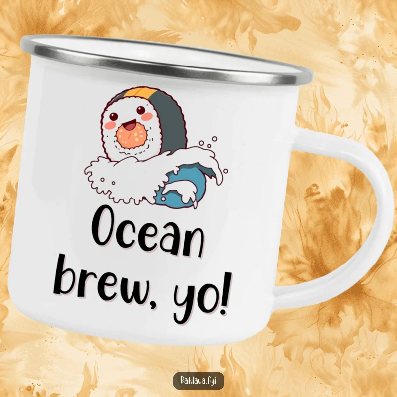 A funny sushi roll character surfing a small wave, designed for a durable and funny camping mug.