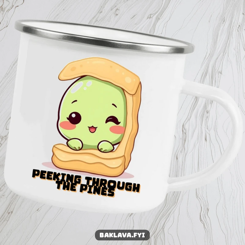Funny camping mug featuring a shy pistachio nut peeking from baklava, ideal for outdoor enjoyment with a humorous twist. Durable and amusing drinkware.