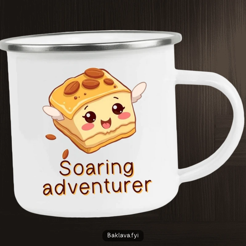 Funny Baklava Camping Mug with an almond-studded slice comically attempting to fly, perfect for sweet outdoor sips.