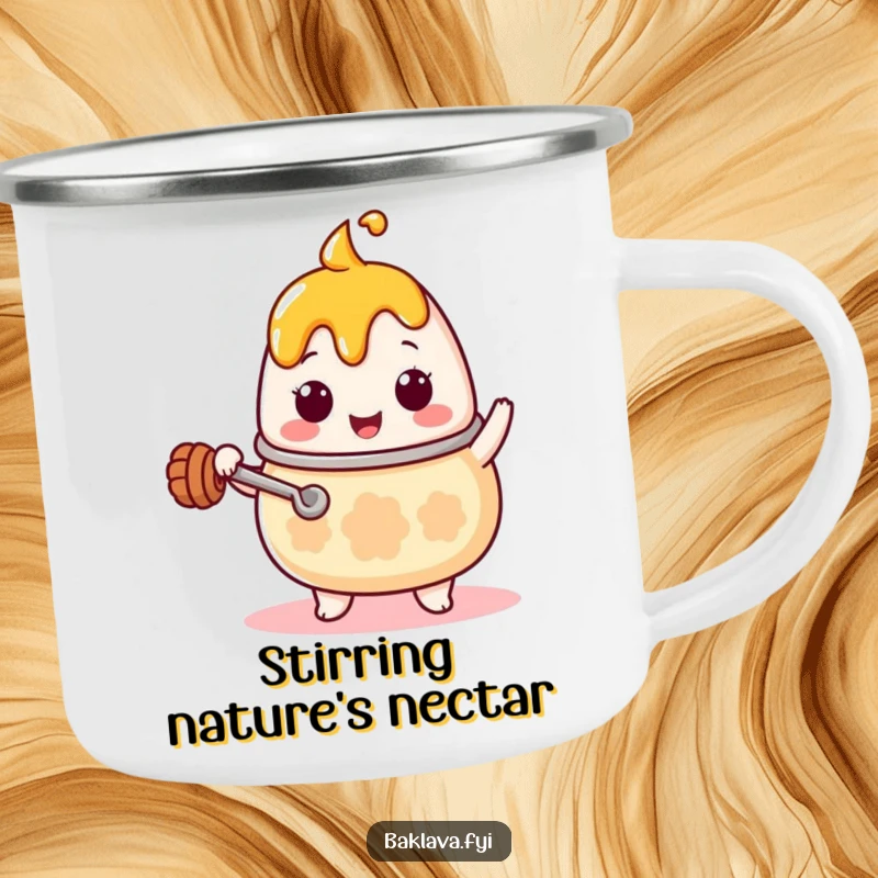 Funny Kawaii honey pot character with a tiny ladle, stirring enthusiastically, on a durable camping mug, ready for outdoor adventures and humor.