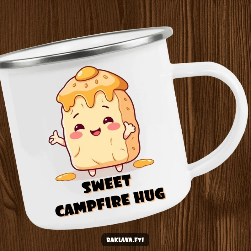 Funny Camping Mug: A baklava piece with arms hugs a honey pot, a humorous and sweet addition to outdoor trips.