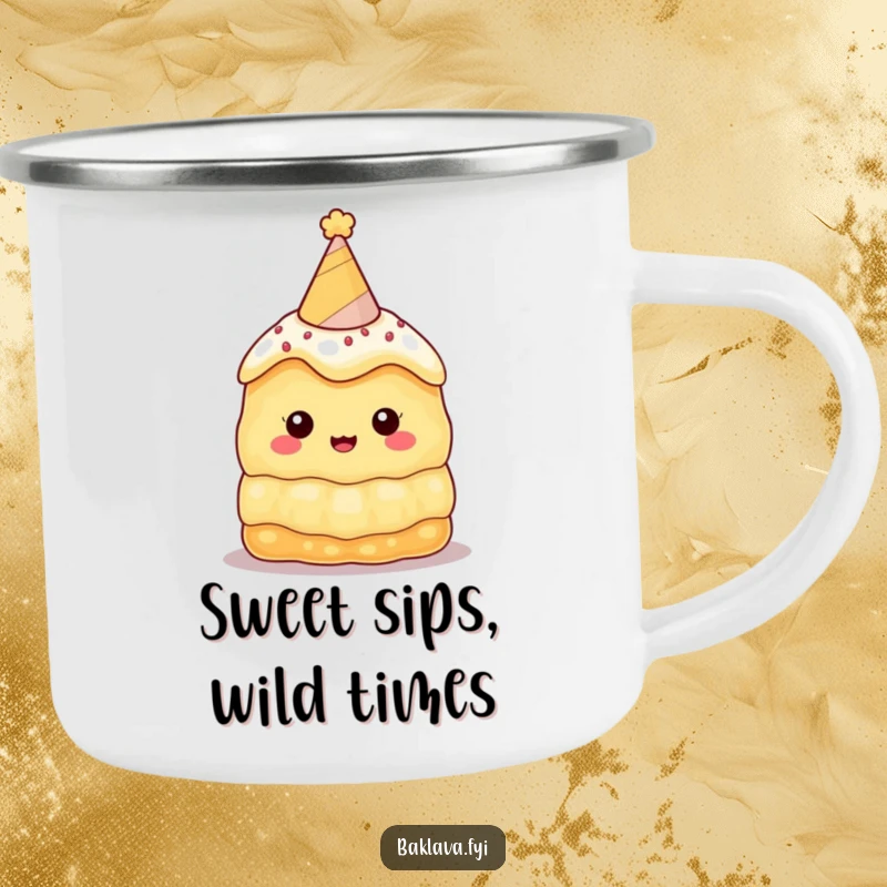 Funny baklava camping mug featuring a festive character with a party hat, perfect for outdoor adventures, holding warm beverages with a dose of humor.