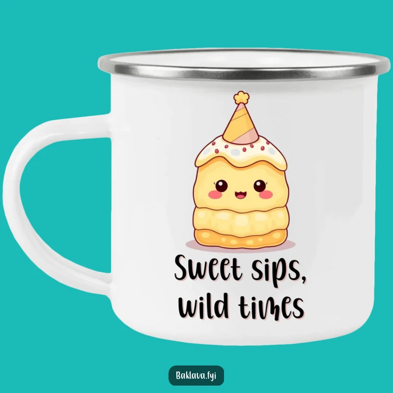Funny Baklava Party Hat Camping Mug: Adventure with Sweet Humor!