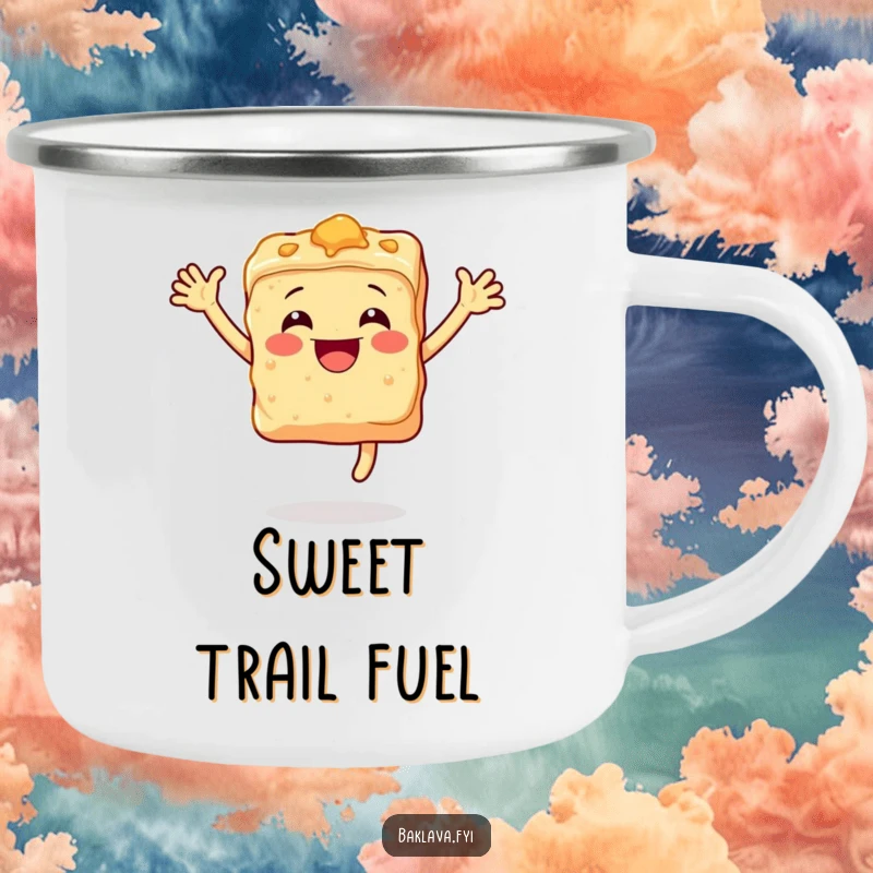 Funny baklava camping mug featuring a happy, leaping piece of baklava, ideal for outdoor enjoyment.