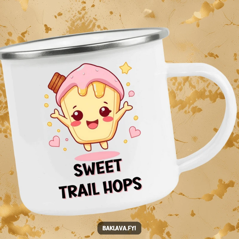Funny honey pastry character hopping with excitement, a sweet and durable funny camping mug.
