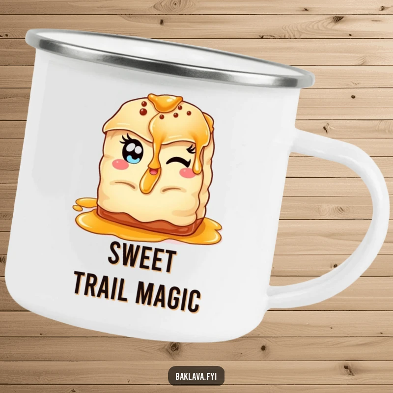 Funny winking baklava camping mug featuring a baklava with almond eyes, offering syrup, perfect for outdoor enjoyment.