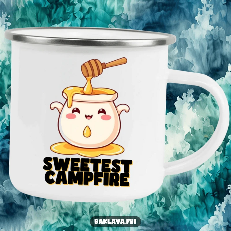 Funny smiling honey pot splashing a droplet, a durable and funny camping mug.