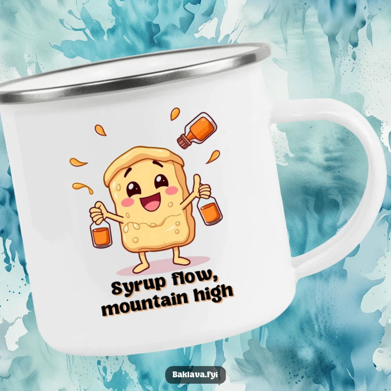Funny baklava character juggling syrup bottles with glee, on a sturdy camping mug. A humorous and portable dessert-themed item.