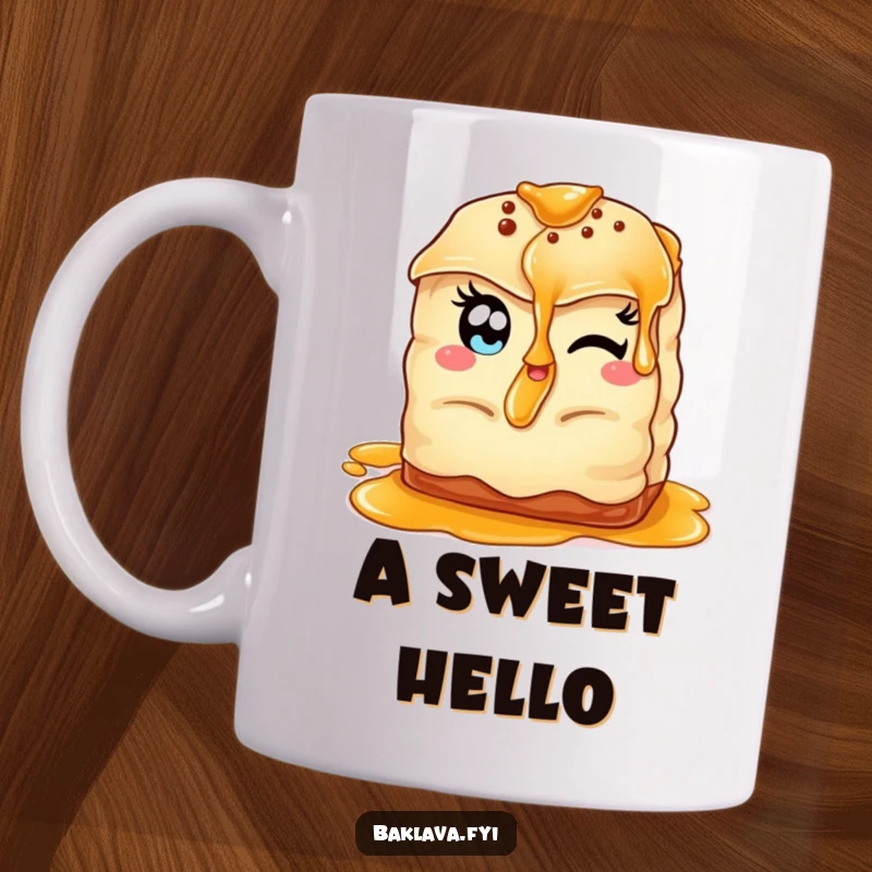 Funny winking baklava mug with almond eyes, playfully offering a delicious syrup drizzle to fans.
