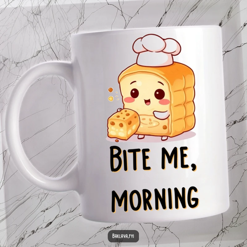 Funny baklava character chef in a tiny hat offering a bite, showcasing delightful and appetizing dessert humor.