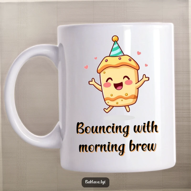 Funny mug: a baklava character in a party hat joyfully bounces with pure excitement.