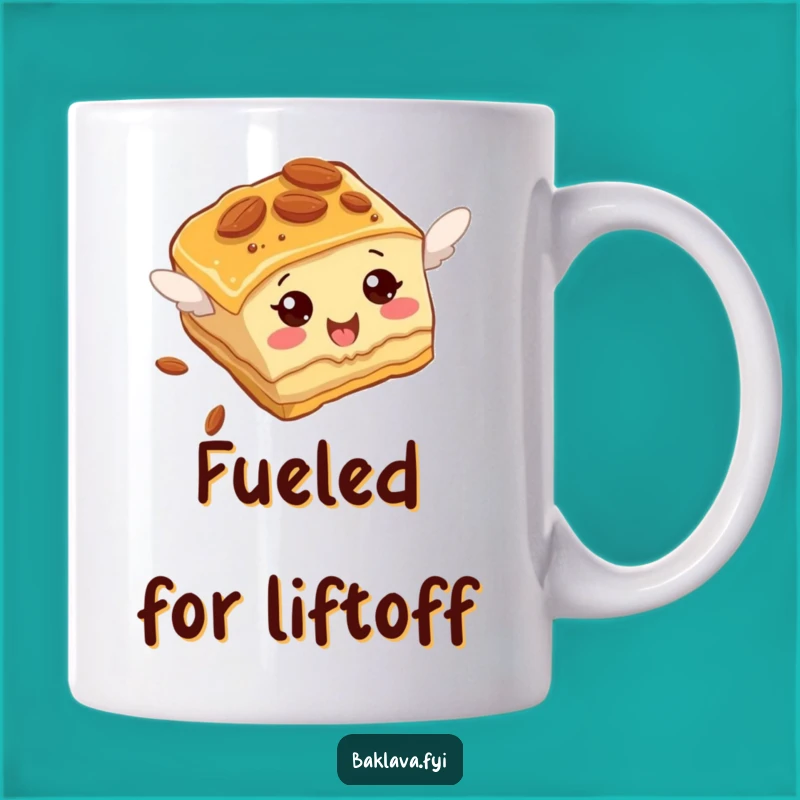 Funny Baklava Flying Mug: Almond Slice Attempting Flight, Hilarious Dessert Lover's Gift
