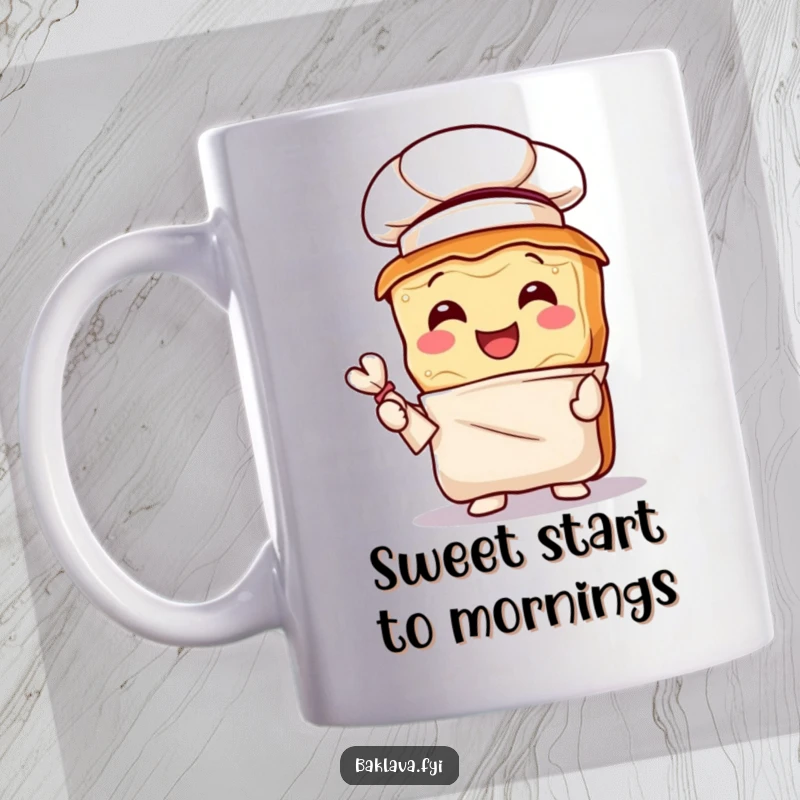 Funny baklava chef mug with a tiny hat and pastry bag, looking joyful and ready to bake delicious sweets.