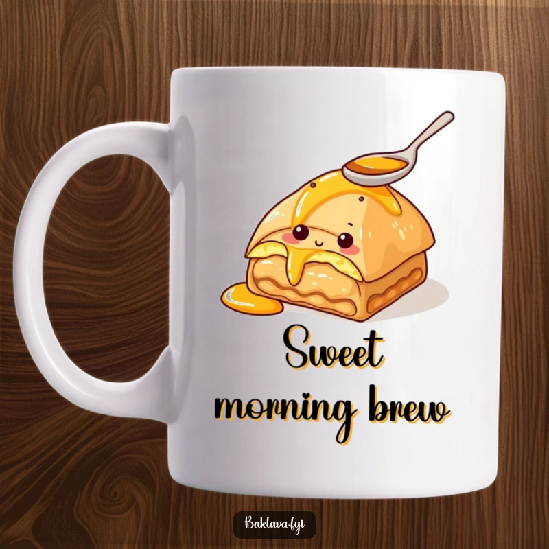 Funny mug featuring a curious baklava character using a small spoon to taste honey with delight. Perfect gift.