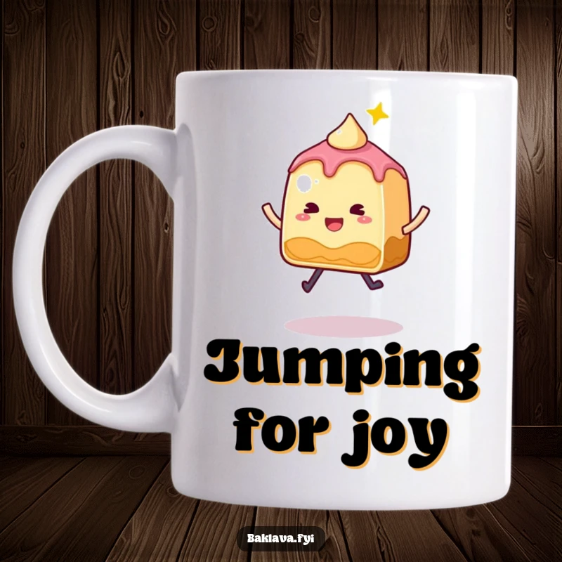 Funny Baklava Mug featuring a whimsical, sparkly slice enthusiastically doing a little jump with pure delight.