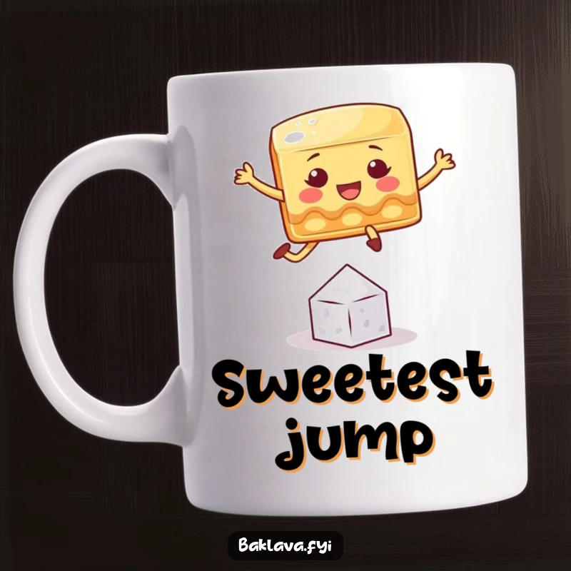 Funny baklava mug featuring a playful square character jumping over a tiny sugar crystal with a joyful expression.