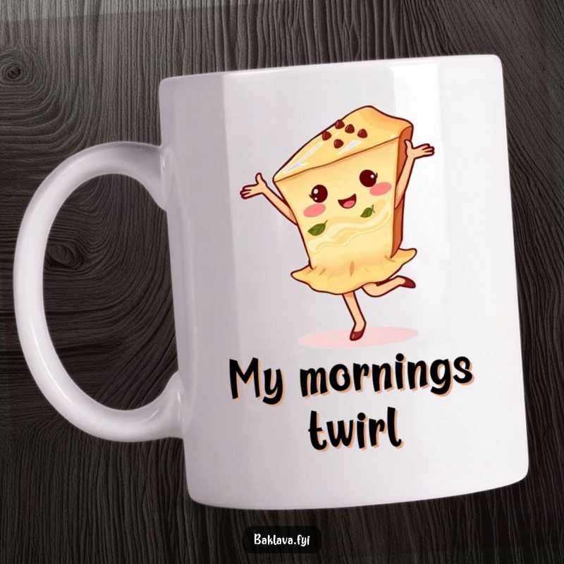 Funny baklava pirouette mug showing a delighted baklava slice performing a graceful dance move with joy.
