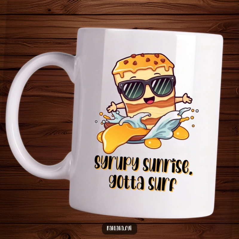 Funny mug: a baklava slice in sunglasses surfs a syrup wave with pure joy.