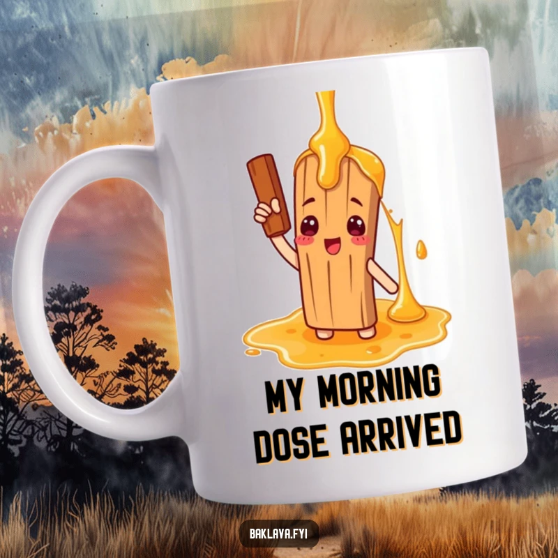 Funny mug with a cinnamon stick character comically saluting a giant honey drizzle, expressing morning cheer and a love for sweets.