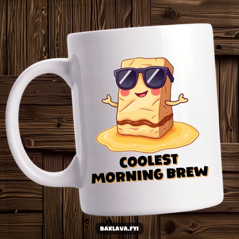 Funny Mug: A baklava slice in sunglasses poses proudly on syrup, exuding cool confidence and humor.