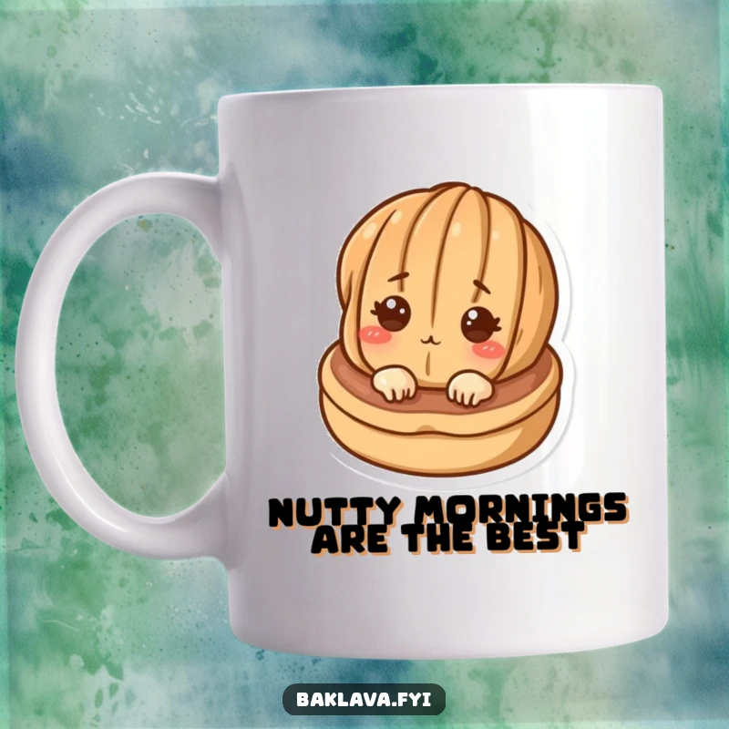 Funny curious walnut peeking out from a tasty pastry on a ceramic mug, conveying a sense of playful mischief.