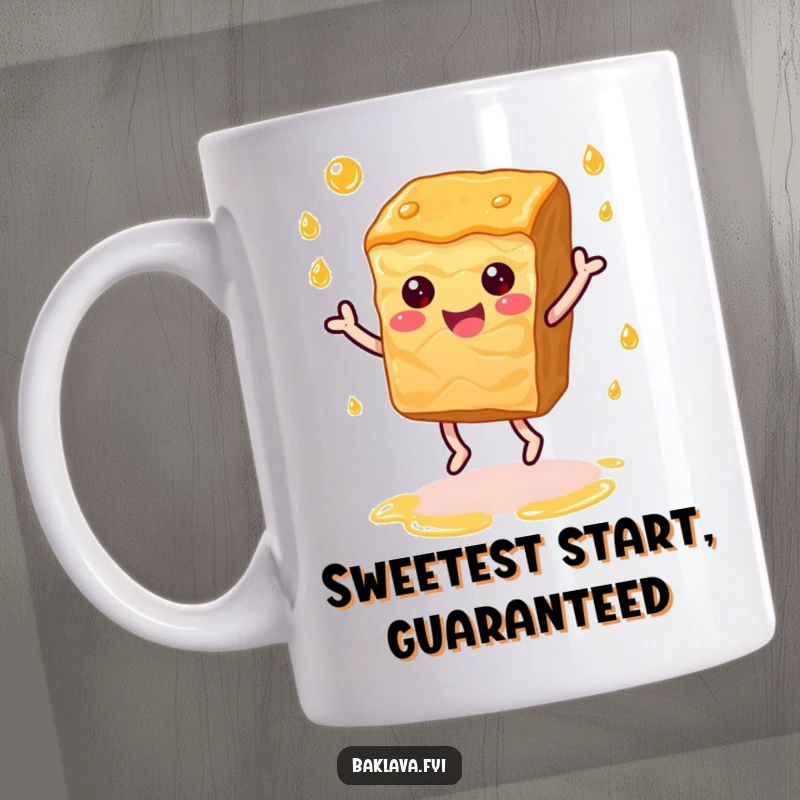 Funny happy baklava slice dancing joyfully, surrounded by syrup droplets, showcasing sweet and energetic dessert humor.