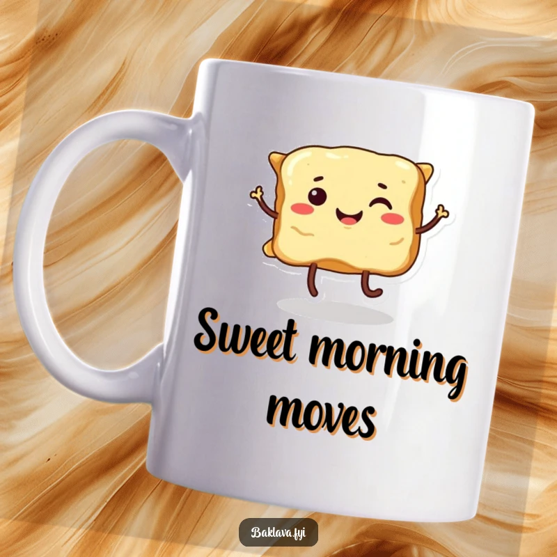 Funny smiling baklava with legs, doing a joyful and playful dance, radiating sweet happiness on this unique mug.