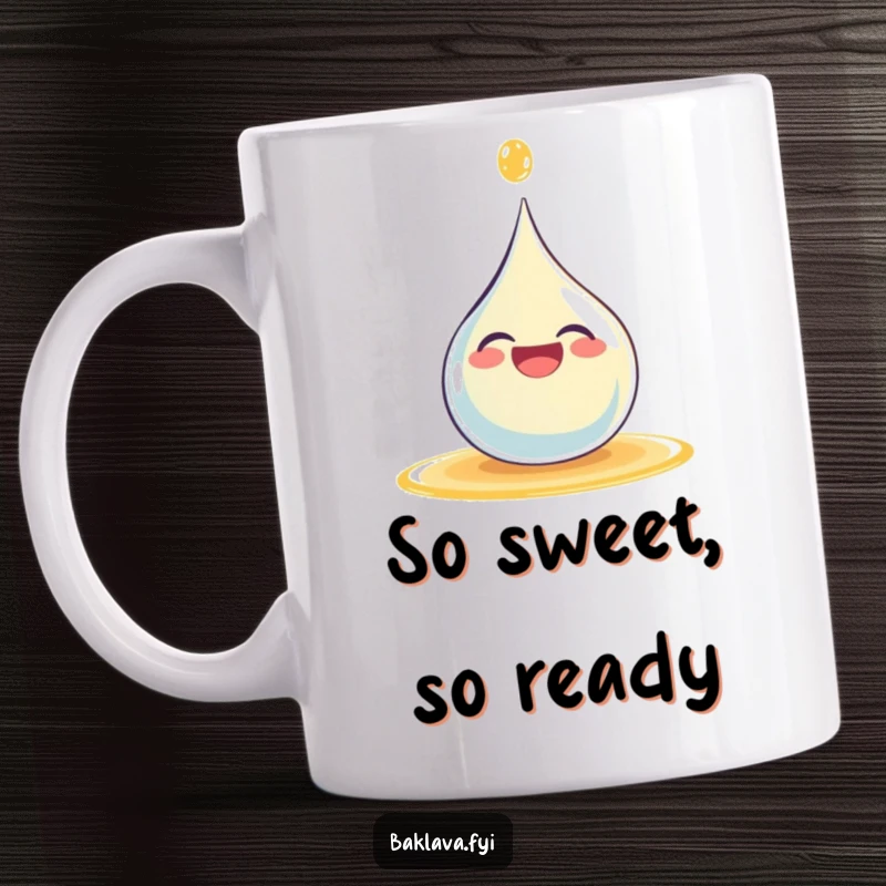 Funny giggling syrup droplet splashing with joy on a ceramic coffee mug, radiating happiness and fun.
