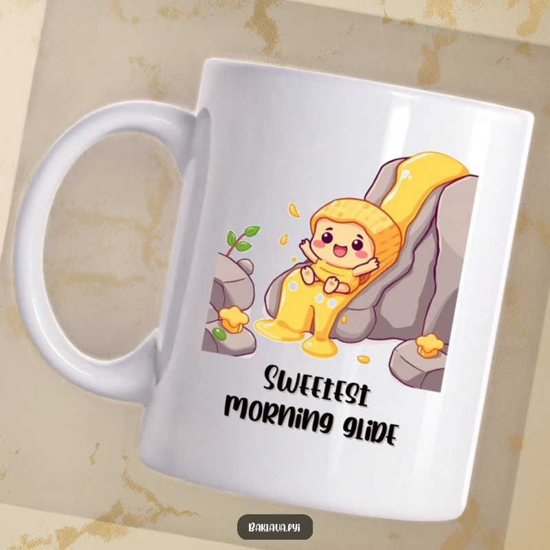 Funny cheerful baklava character sliding down a golden honey waterfall, depicting a sweet and adventurous dessert scene.