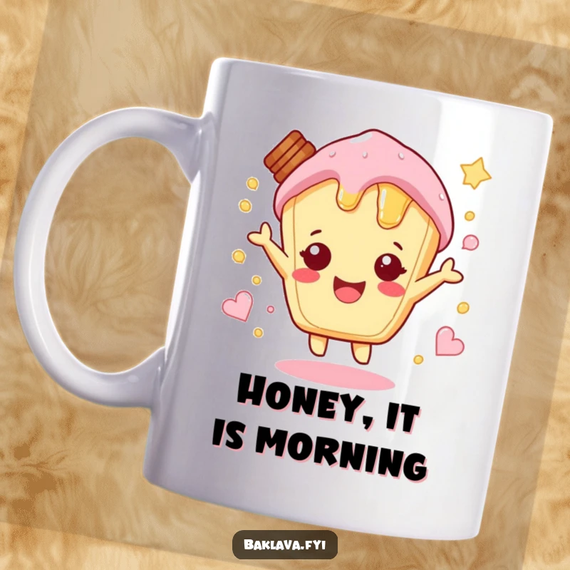 Funny sweet honey pastry character hopping energetically with excitement, celebrating sweetness, perfect funny gift mug.