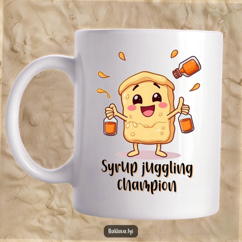 Funny baklava character enthusiastically juggling syrup bottles with glee, depicted on a mug. A sweet and humorous design.