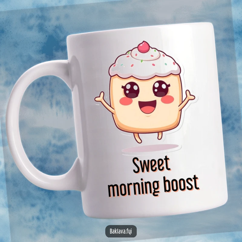 Funny, cheerful anthropomorphic pastry with frosting eyes leaping joyfully, depicted on a mug, radiating pure baked good happiness.