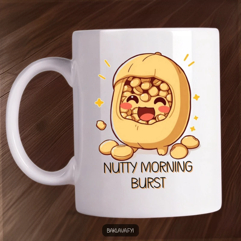 Funny nut filling mug depicting a playful character bursting with excitement, celebrating delicious flavor.