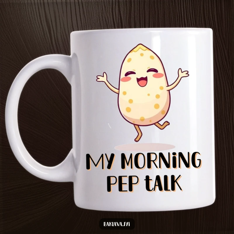 Funny mug featuring a cheerful sesame seed mid-hop, radiating pure energetic joy and personality. An animated graphic for coffee lovers.