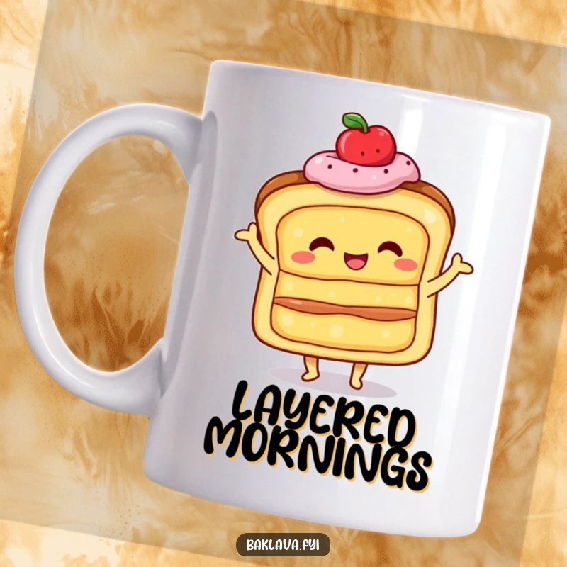 Funny happy, layered pastry doing a little shimmy, depicted on a mug, radiating joyous and celebratory baked good vibes.
