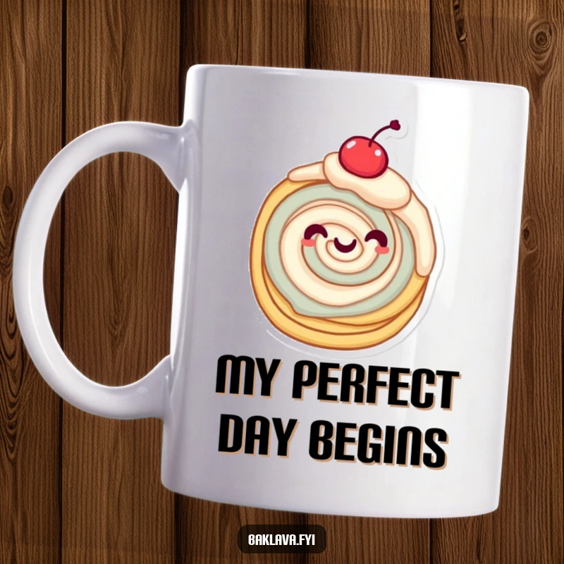 Funny layered pastry character twirling happily with a cherry on top, celebrating dessert joy, perfect funny gift mug.