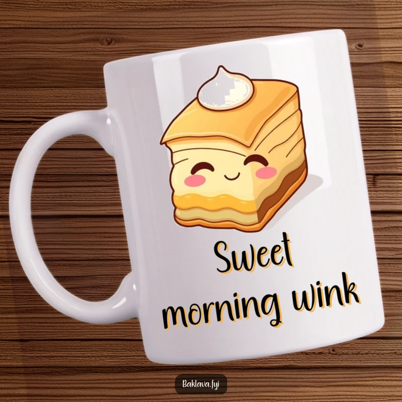 Funny smiling slice of baklava winking with cream, depicted on a mug. A sweet and humorous design.
