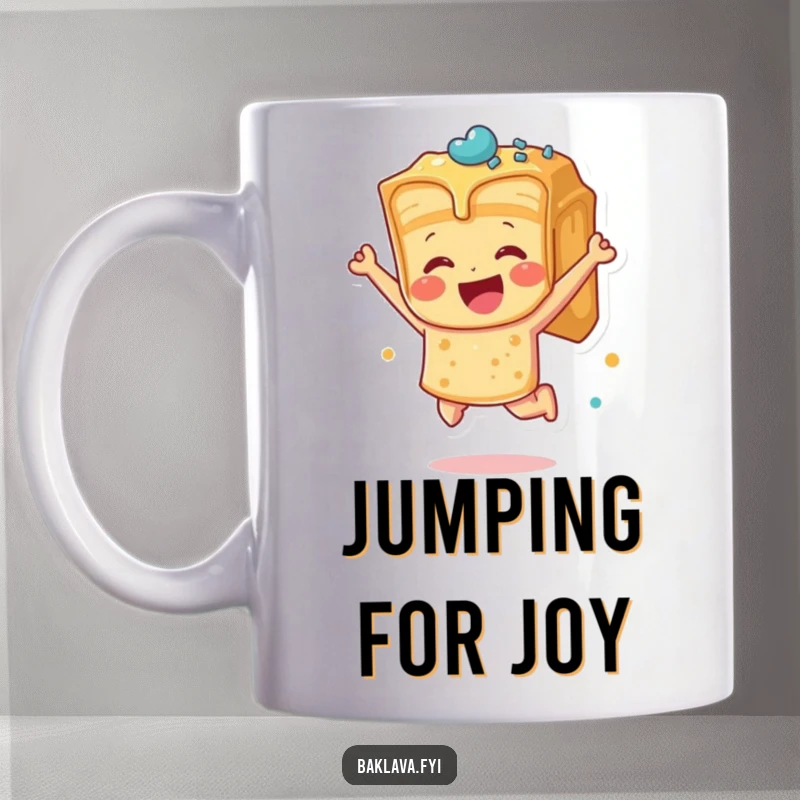 Funny baklava piece leaping with pure joy on a mug, radiating ecstatic dessert-themed humor.